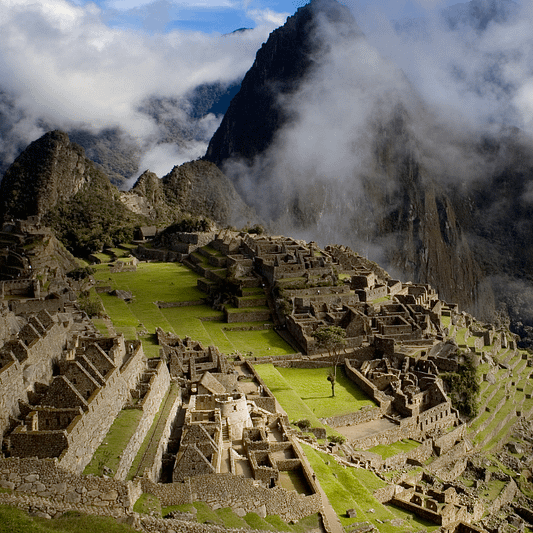 looking down on Machu Picchu and the terraces. 