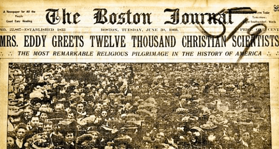 The Boston Journal, 30 June 1903, showing crowds of Christian Scientists at the Pleasant View home in Concord, New Hampshire, of Mary Baker Eddy, the founder of Christian Science. They arrived to see her wave from the balcony.