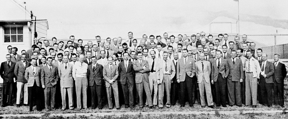 German/Nazi rocket scientist Wernher von Braun and his colleagues outside their research facility at Fort Bliss, Texas, USA after leaving Germany for America under the terms of Operation PAPERCLIP at the end of the Second World War.